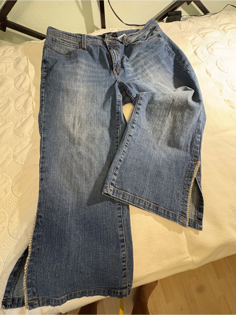 Venezia Blue Wide-Leg Jeans with Rhinestone Side Slits